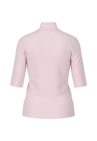 Light pink short-sleeve top with a high collar, made of smooth fabric. Features a fitted silhouette and clean stitching details.