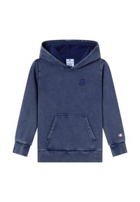 Sudadera azul marino hecha de una tela suave con un bolsillo frontal, puños acanalados y capucha, que presenta un pequeño logo en el pecho y la manga.