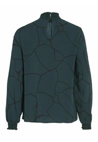 Blusa verde scuro con un motivo testurizzato e polsini arricciati. Presenta un collo alto con arricciature e un dettaglio a bavaglino sul retro.
