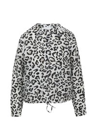 Leopardenmusterjacke in Grau, Schwarz und Beige. Leichter Stoff, kurzes Design, Knopfverschluss und verstellbarer Kordelzug am Saum.