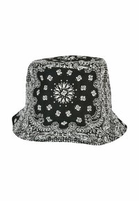 Black bucket hat with white paisley pattern, featuring a wide, flared brim and soft fabric, offering a relaxed, structured silhouette.