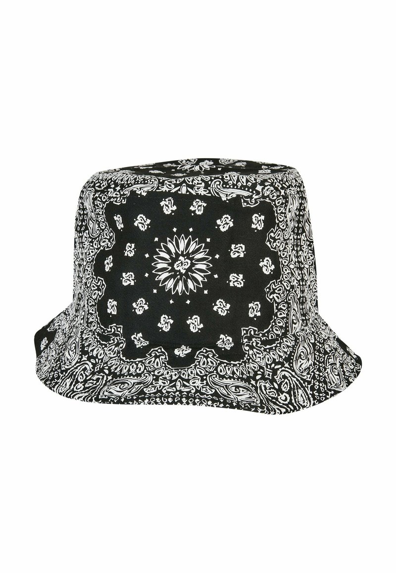 Black bucket hat with white paisley pattern, featuring a wide, flared brim and soft fabric, offering a relaxed, structured silhouette.