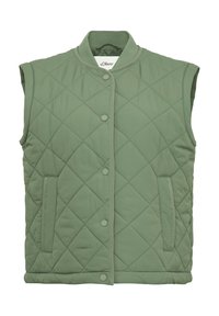 Gilet sans manches rembourré en vert clair, présentant un motif de losanges, des boutons-pression, un col arrondi et des poches latérales.