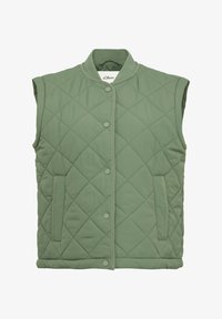 Chaleco acolchado sin mangas en verde claro, con un patrón de rombos, botones a presión, cuello redondeado y bolsillos laterales.