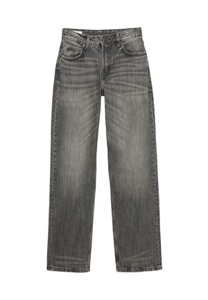 Jean en denim gris avec une coupe décontractée, comportant cinq poches, un léger délavage et une coupe droite. Taille classique avec passants de ceinture.