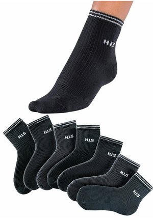 Schwarze Baumwollcrew-Socken mit gerippter Textur, ausgestattet mit kontrastierenden weißen Streifen am Bündchen und dem "H.I.S"-Logo. Set enthält mehrere Paar.