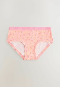 Slips a fantasia leopardata rosa con una morbida texture, dotati di una ampia vita elastica brandizzata di colore rosa chiaro e bordi cuciti.