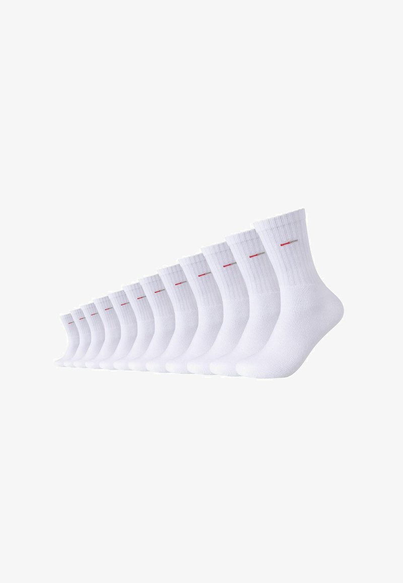 White cotton socks with ribbed tops, featuring a small red accent on each sock. Arranged in a row, showing consistent design and shape.
