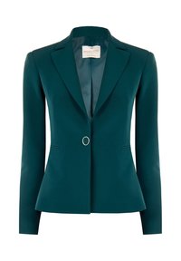 Blazer turchese con design aderente, rever a punta, accentuato da un bottone metallico singolo e tasche frontali. Tessuto liscio con silhouette strutturata.