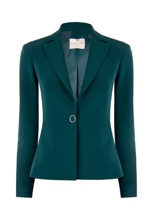 Blazer turchese con design aderente, rever a punta, accentuato da un bottone metallico singolo e tasche frontali. Tessuto liscio con silhouette strutturata.