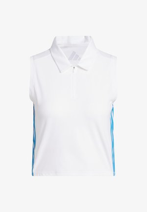 Weißes ärmelloses Poloshirt mit Reißverschluss am Kragen, ausgestattet mit blauen Wellenmustern an den Seiten und einem strukturierten Stoff für Atmungsaktivität.