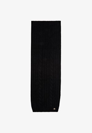 Sciarpa nera lavorata a maglia con motivo a treccia testurizzato. Presenta bordi a coste e un piccolo logo metallico dettagliato nella parte inferiore. Forma lunga e rettangolare.