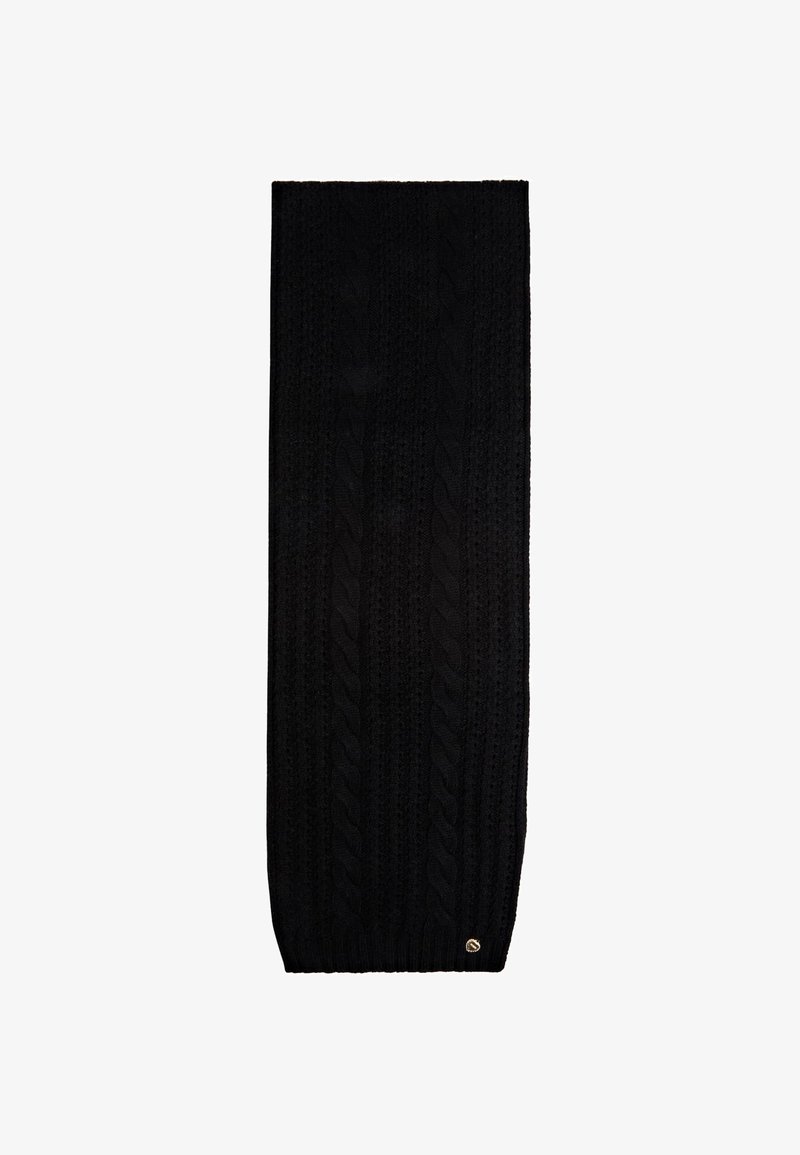 Écharpe en tricot noir avec un motif en câble texturé. Présente des bords côtes et un petit détail logo métallique en bas. Forme rectangulaire longue.