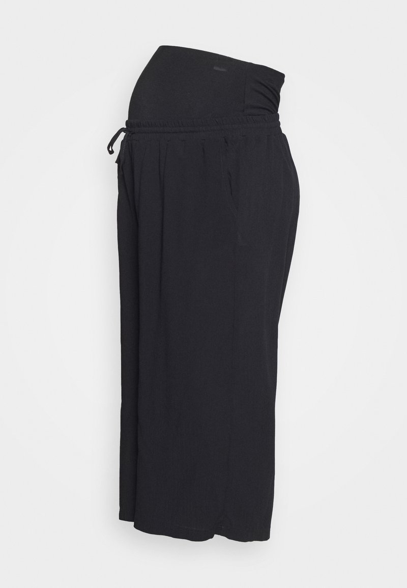 Calças de maternidade pretas com uma cintura elástica larga, textura franzida e bolsos laterais, feitas de um tecido leve e suave.