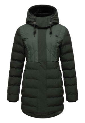 Green, padded coat with a hood, featuring a textured panel design, drawstrings, and zippered side pockets. Mid-length cut with cuffed sleeves.