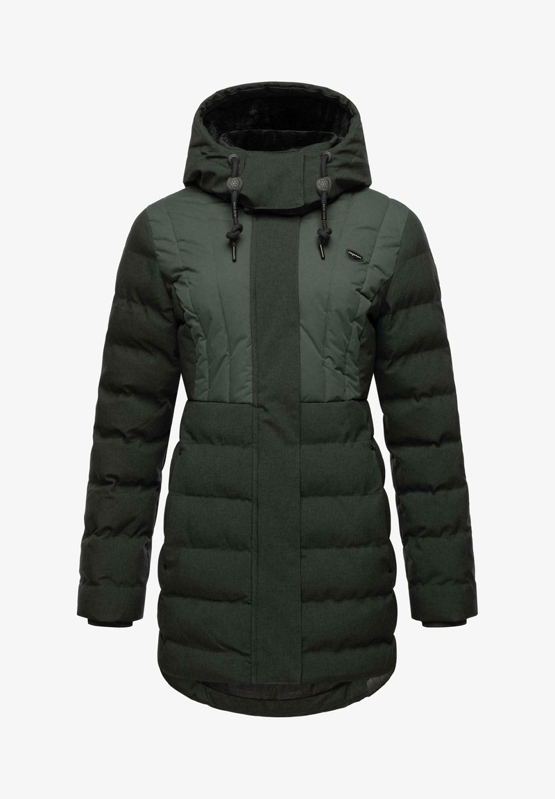 Zaļš, polsterēts mētelis ar kapuci, ar strukturētu paneļu dizainu, aukliņām un ar rāvējslēdzējiem aizveramām sānu kabatām. Vidējais griezums ar manžetēm.