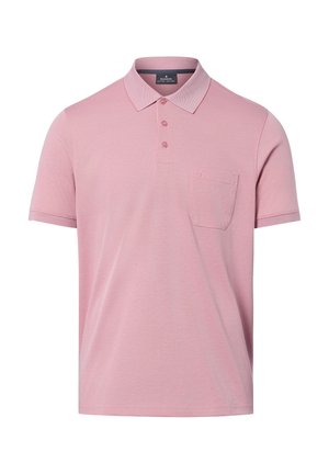 Różowa koszulka polo męska z krótkim rękawem, trzema guzikami i małą kieszonką na piersi z delikatnym haftem.