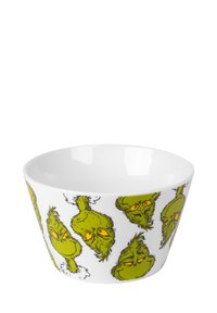 Ciotola in ceramica con un interno bianco e decorazioni del personaggio Grinch verdi su un esterno bianco. Forma larga e poco profonda con una superficie liscia.