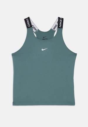 Débardeur de sport Nike Pro vert avec bretelles d'épaule Nike Pro noires et blanches et logo Nike swoosh blanc sur le devant.