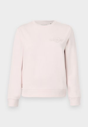Lichtroze sweatshirt van een katoenmix, met een geribde ronde hals en manchetten, en een reliëflogo op de borst. Eenvoudig ontwerp.