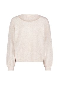 Hellbeige gestrickter Pullover mit weitem runden Halsausschnitt, langen Ärmeln und gerippten Bündchen, aus einem weichen, strukturierten Stoff.