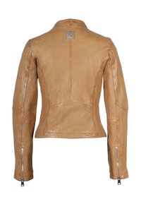 Veste en cuir marron clair vue de dos avec manches longues, coutures visibles, fermetures éclair aux poignets et un petit logo carré près du col.
