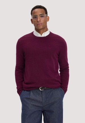 Mann trägt klare Brille, ein weißes Hemd mit Kragen unter einem burgunderfarbenen Pullover und blaue Hose mit Händen in den Taschen vor einfachem Hintergrund.