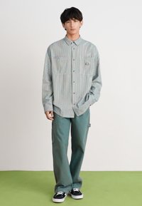 Striped button-up shirt in light blue and white; loose-fit green cargo pants; black sneakers; minimal hardware; plain background.