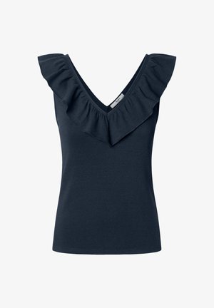 Tums tumši zila bez piedurknēm ar dziļu V-veida dekoltē un frillēm ap kakla līniju, izgatavots no mīkstas, teksturētas auduma.