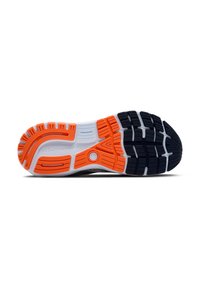 Suola di scarpa da corsa con una combinazione di colori nero, arancione e bianco, in gomma texturizzata con motivi a scanalatura per trazione e flessibilità.
