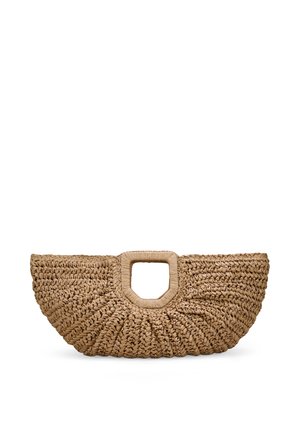Bolso tejido de paja con forma redondeada, similar a un abanico. Cuenta con un asa cuadrada y una superficie texturizada. Color beige natural.