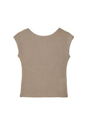 Top a maniche corte di un leggero beige, realizzato in tessuto testurizzato con una sottile lucentezza. Presenta un collo rotondo e una silhouette aderente.
