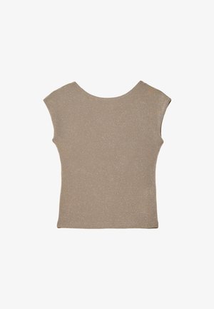 Short-sleeve, light beige top made of textured fabric with a subtle shimmer. Features a rounded neckline and fitted silhouette.