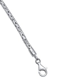 Sidabrinė pintinė grandinėlė su blizgiu paviršiumi. Yra nagų užsegimas, cilindro formos jungtis ir graviruotas 925 ženklas, žymintis sterlingą sidabrą.