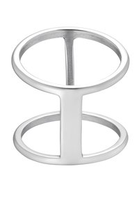 Sølvmetallring med en glatt, polert overflate. Har to sirkulære bånd forbundet med en vertikal stang. Minimalistisk design.