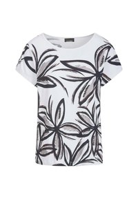 White short-sleeve shirt with large black and gray abstract floral prints and small sequin details on petals.