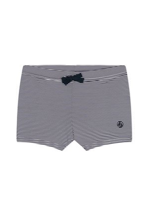 Meresinisest ja valgest triibuline ujumispüksid, millel on vöökohal väike must lips ja pimedas toonis ümmargune purjekalaogoga jalal.