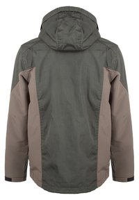 Vattentålig jacka med en grön och brun färgsättning, justerbar huva och texturerad, flerpaneldesign med sidöppningar.