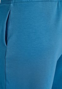 Blaue Sportshorts aus einem glatten, leichten Stoff. Verfügen über Seitentaschen und ein lockeres Design für Komfort und Bewegungsfreiheit.