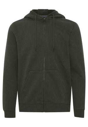 Tmavě zelená mikina na zip vyrobená z měkké bavlněné směsi, má stahovací kapuci, dvě přední kapsy a žebrované manžety a lem.