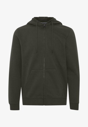 Temno zelena zip-jaketa iz mešanice mehkega bombaža, ima kapuco z vrvico, dve sprednji žepke ter rebraste manžete in rob.