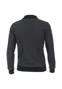 Mörkgrå sweatshirt med texturerad yta, med krage och ribbade ärmslut och nederkant, designad i en minimalistisk stil.