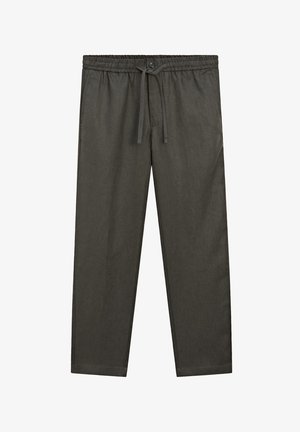 Dark gray, lightweight pants with an elastic waistband, drawstring, and side pockets. Fabric has a subtle texture and straight-leg design.