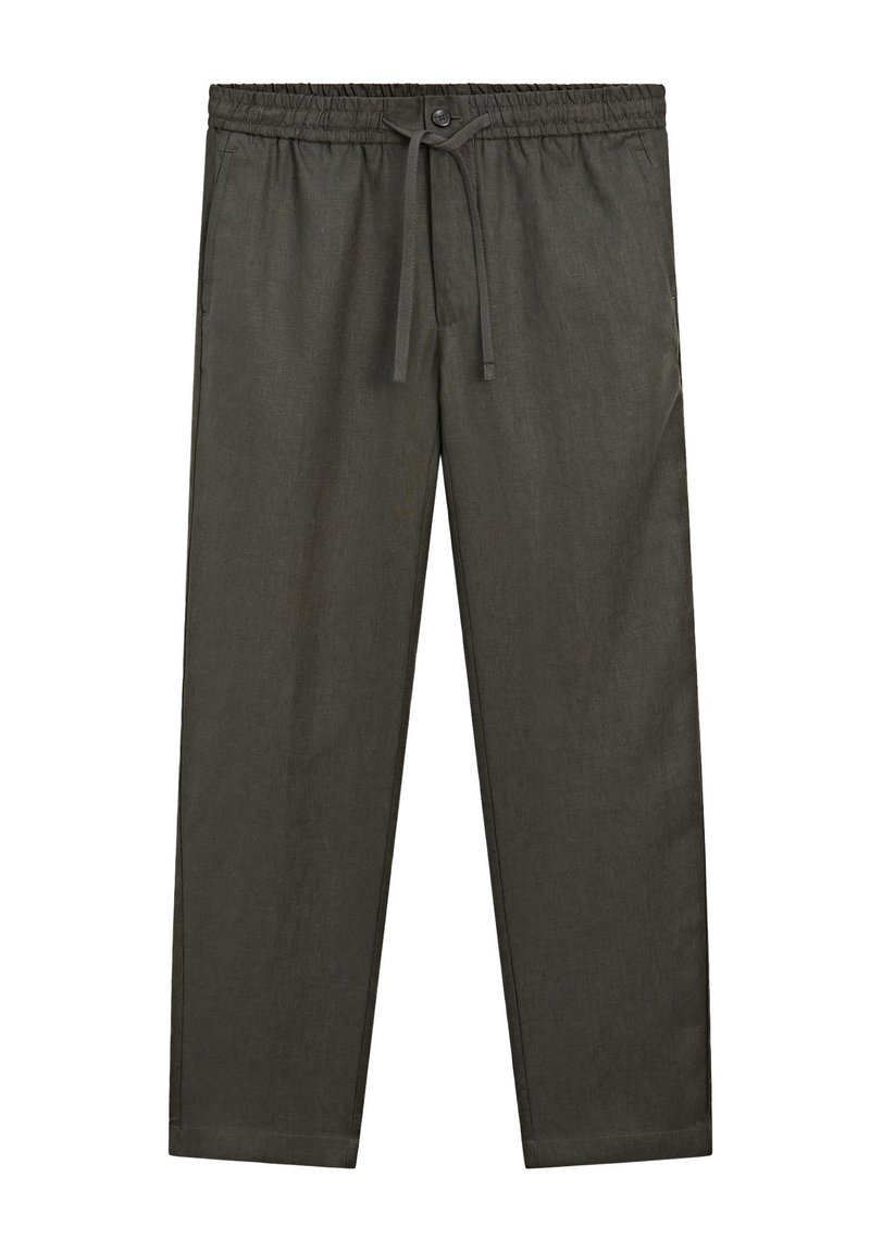 Pantaloni leggeri di colore grigio scuro con cintura elastica, cordino e tasche laterali. Il tessuto presenta una leggera texture e un design a gamba dritta.