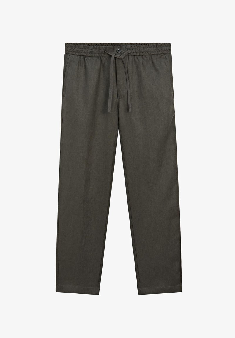 Pantaloni leggeri di colore grigio scuro con cintura elastica, cordino e tasche laterali. Il tessuto presenta una leggera texture e un design a gamba dritta.