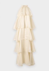 Tiered maxi dress in cream, featuring a soft, glossy fabric. High neckline with gathered detail, cascading layers, and a flowing silhouette.