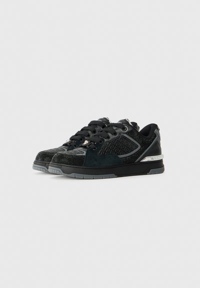 Black sneakers with a mix of suede and textured mesh, featuring silver accents, textured detailing, and a durable rubber sole.