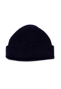 Berretto lavorato a maglia blu navy con risvolto, realizzato in morbida lana, caratterizzato da una consistenza liscia e una parte superiore arrotondata.