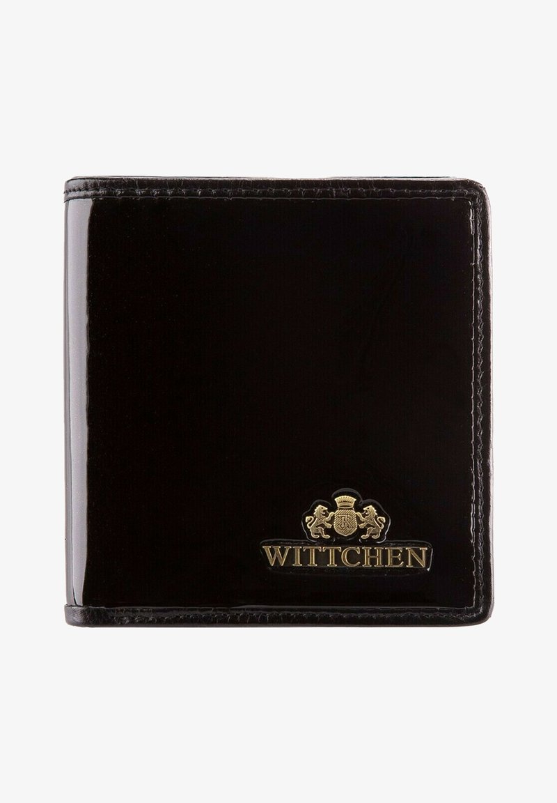 Zwarte leren portemonnee met een glanzende afwerking, opvouwbaar ontwerp, reliëf "WITTCHEN" logo in goud en gedetailleerde stiksels langs de randen.