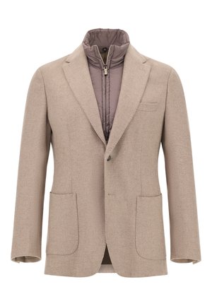Beige uldblandingsblazer med en aftagelig grå dunfoer, slidser på klipperne, to forlommer og lynlåslukning.
